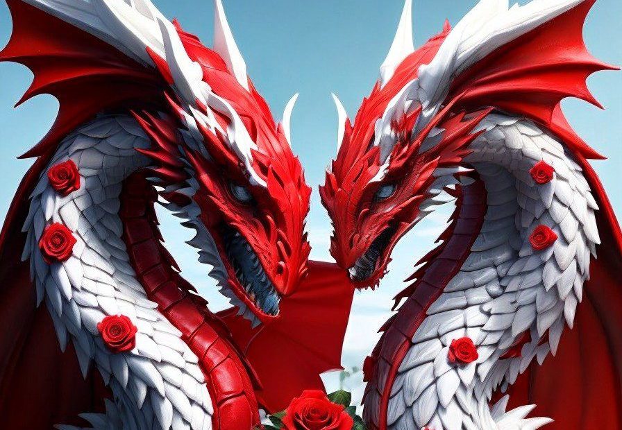 red and white dragons and roses